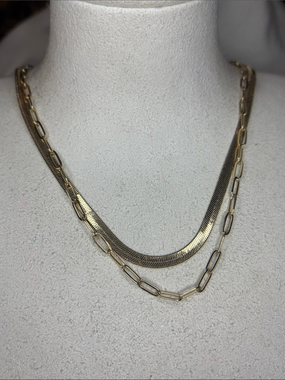 double layer Paperclip and herringbone chain Goldtone necklace